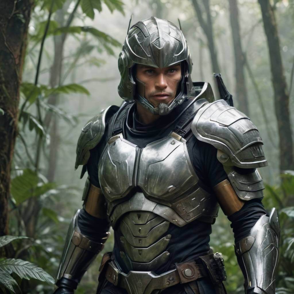 Un guerrero masculino con una armadura de alta tecnología, acechando a través de una jungla brumosa.