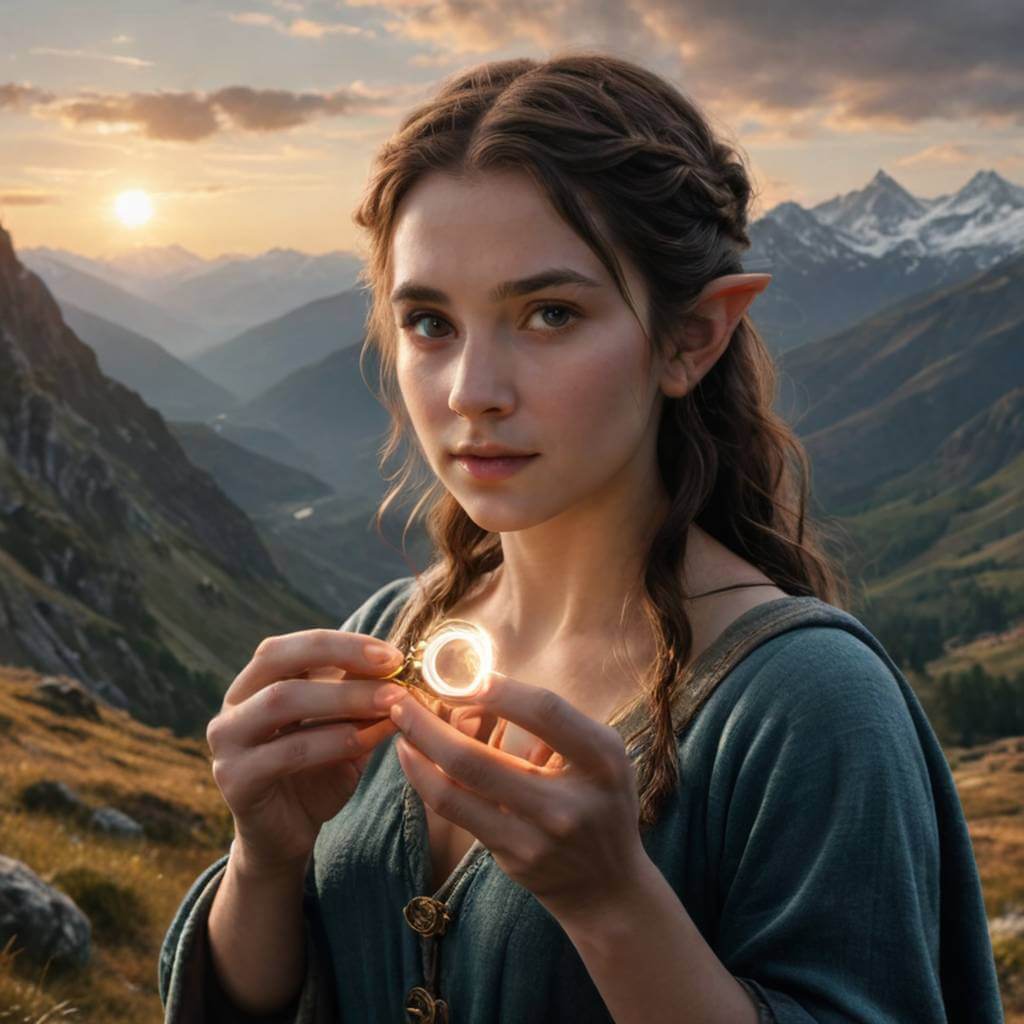 Un personaje femenino parecido a un hobbit que sostiene un anillo brillante en un paisaje montañoso.