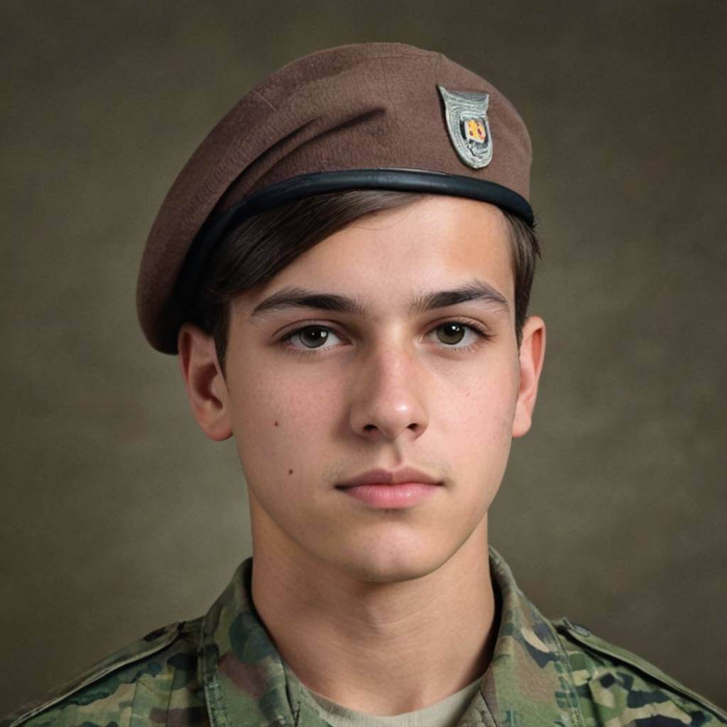 把一位青少年的頭換到穿著全套軍服的士兵身上。