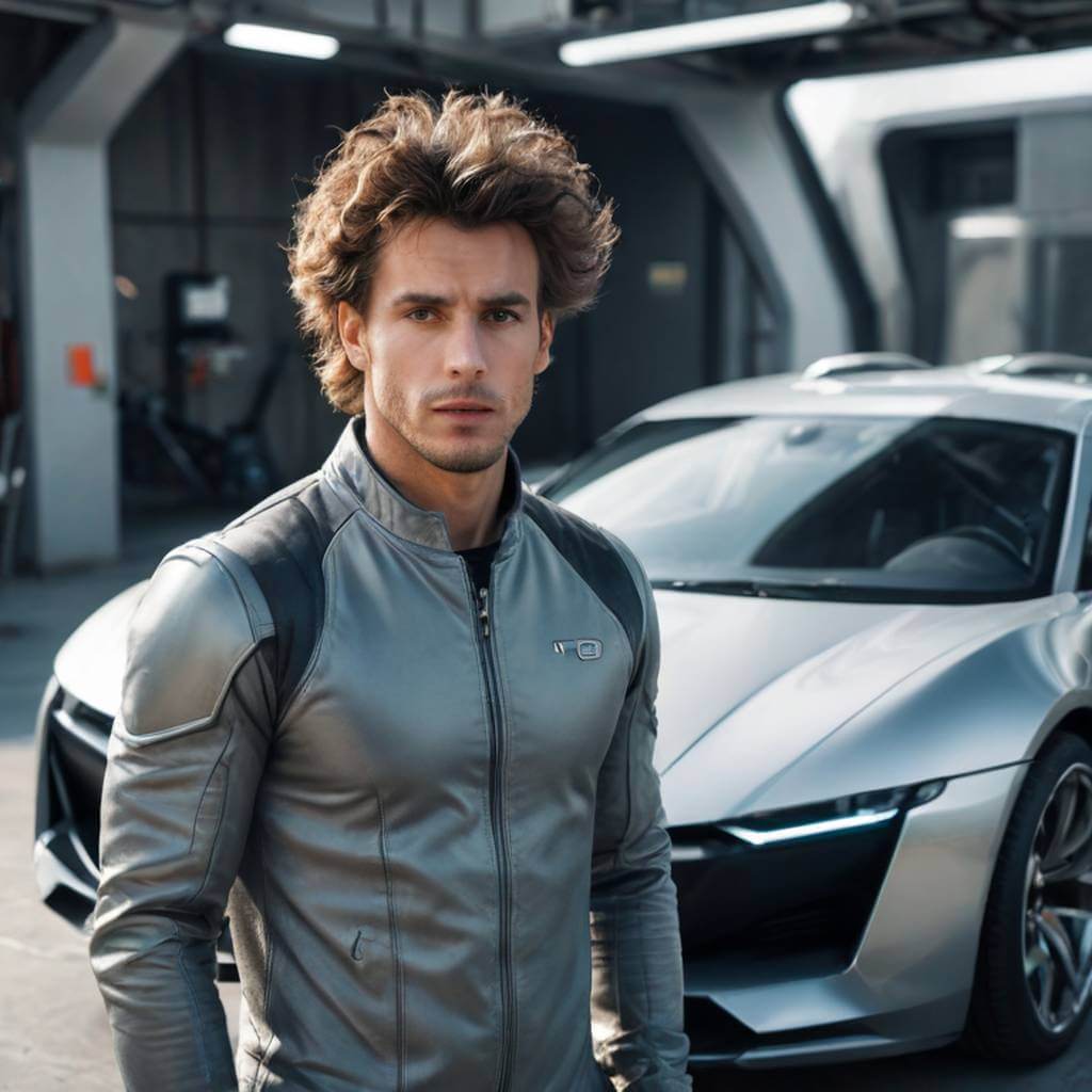 Un inventor masculino con cabello salvaje, de pie junto a un automóvil futurista.