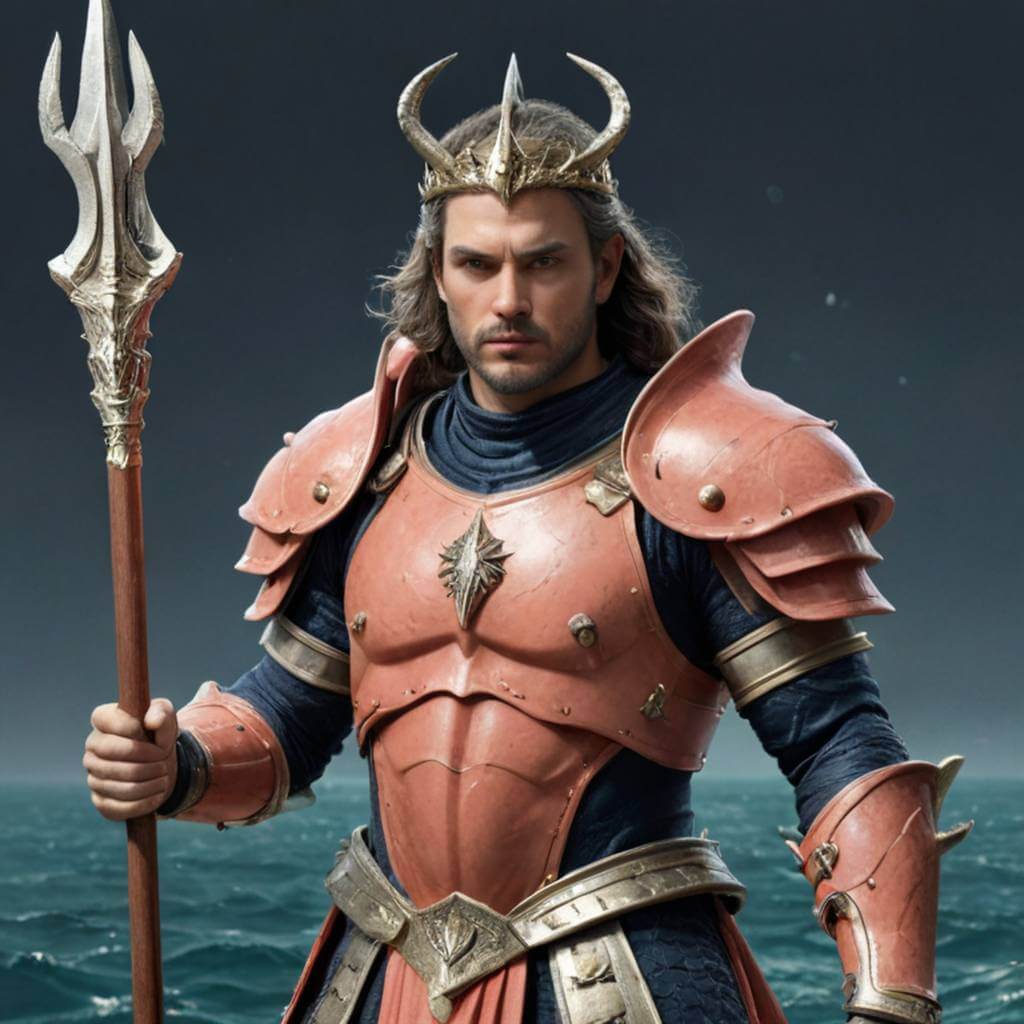 Un gobernante masculino del océano, vestido con una armadura de coral y sosteniendo un tridente.