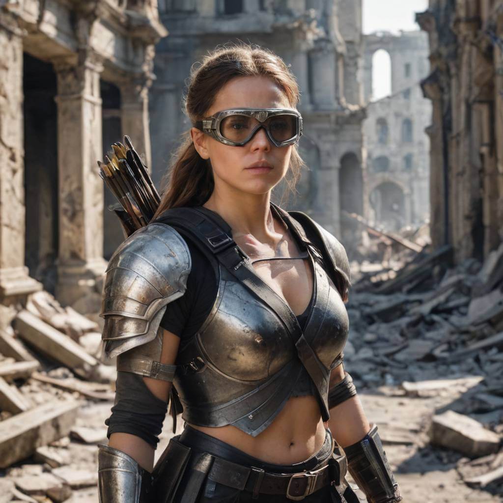 Una guerrera con gafas y una ballesta, caminando por una ciudad en ruinas.