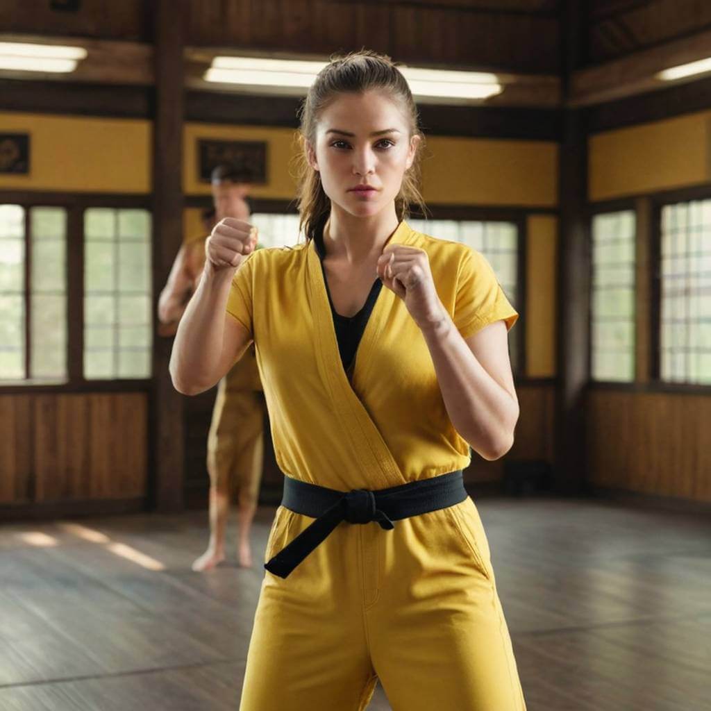Una luchadora con un traje amarillo, posando en un dojo.
