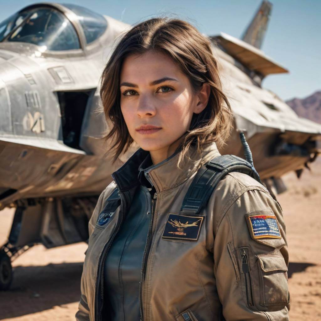Una piloto femenina con una chaqueta resistente, apoyada en una nave espacial en un desierto.