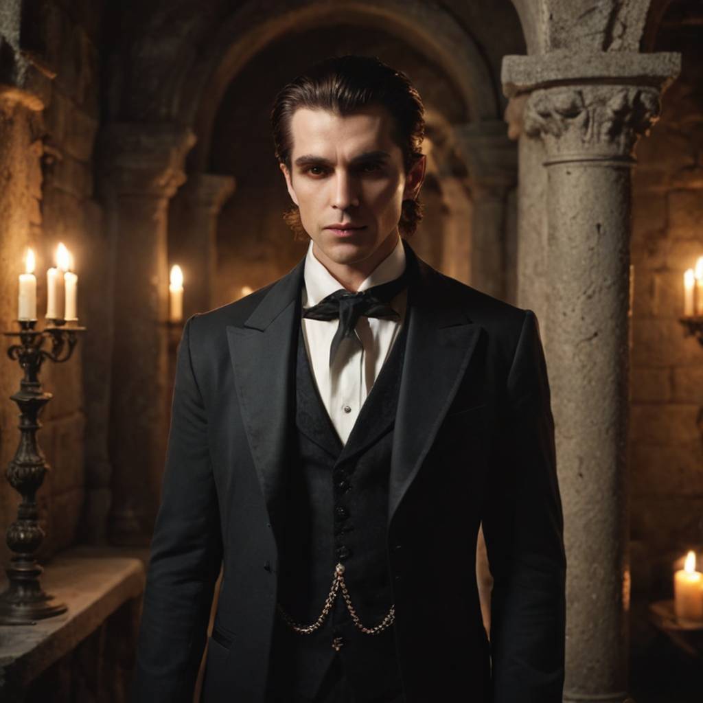 Un vampiro masculino con un traje victoriano, de pie en una cripta iluminada con velas.
