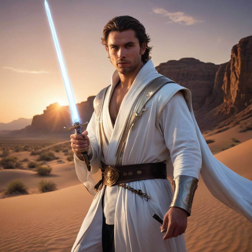 Un hombre de la realeza con túnicas vaporosas, sosteniendo un sable brillante en un desierto futurista.