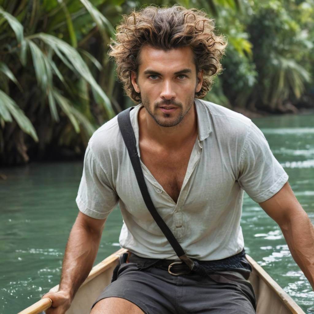 Un aventurero de cabello salvaje navegando en una canoa por aguas tropicales.