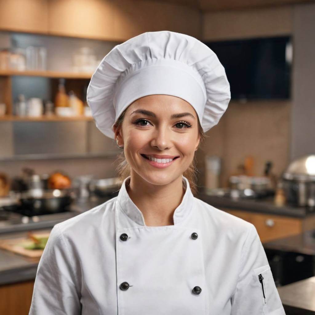 Chef femenina en la cocina de un estudio de televisión, sonriendo a la cámara.