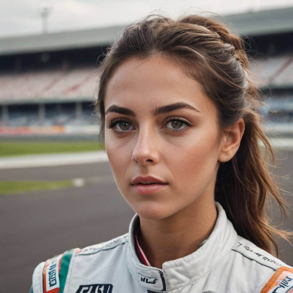 Un coche de carreras femenino con ojos expresivos, acelerando por una pista.