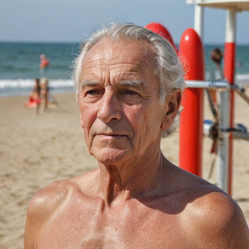 P把海灘救生員的頭換成一位年長男子的頭像。