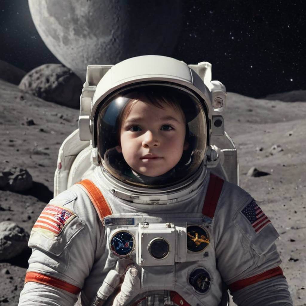 把太空人的頭換成一位小孩的頭，場景在月球上。