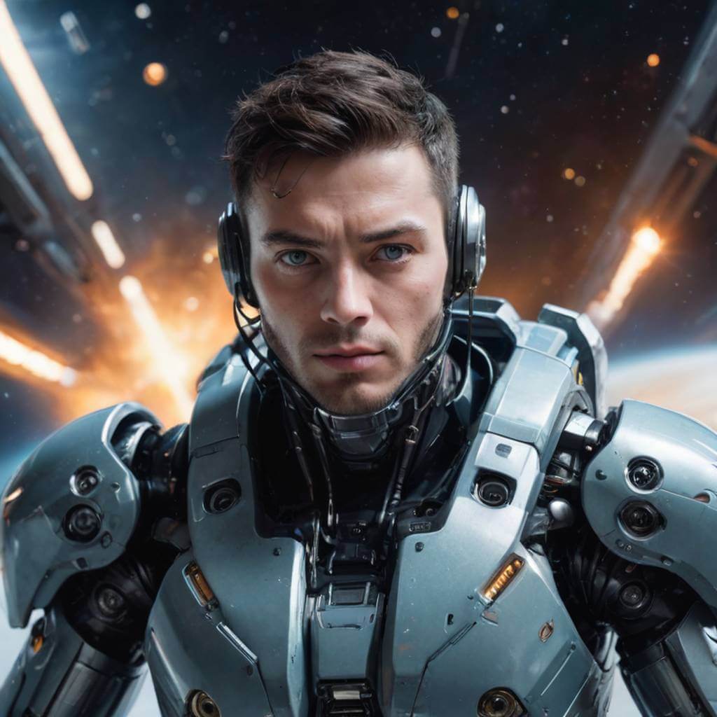Un robot masculino con ojos expresivos, flotando en el espacio junto a una nave espacial.