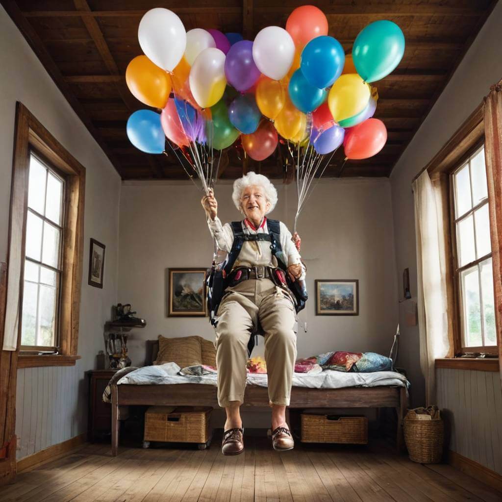 Una anciana exploradora flotando en una casa levantada por globos.