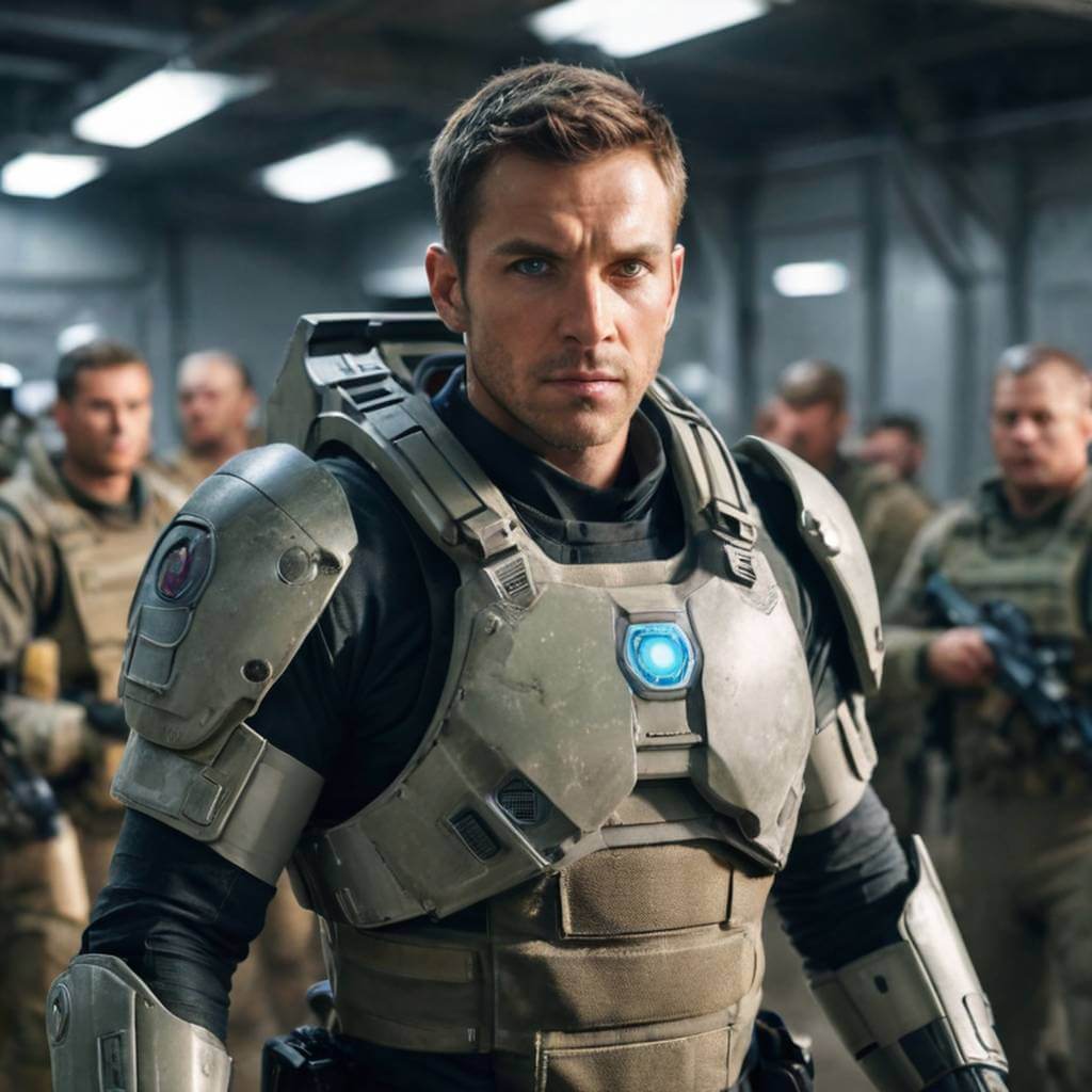 Un líder masculino con equipo táctico, reuniendo tropas en una base de ciencia ficción.