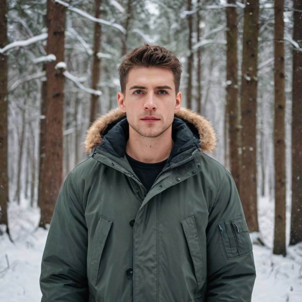 Una figura masculina con una parka, de pie en un bosque nevado.