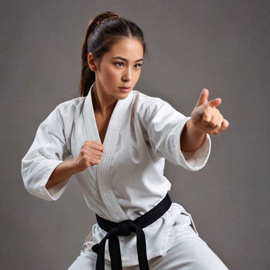 Una artista marcial femenina con un gi tradicional, realizando un kata.