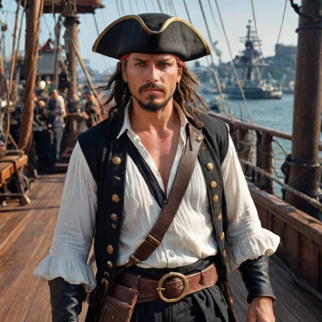 Un pirata masculino con una espada y un sombrero, de pie en la cubierta de un barco.