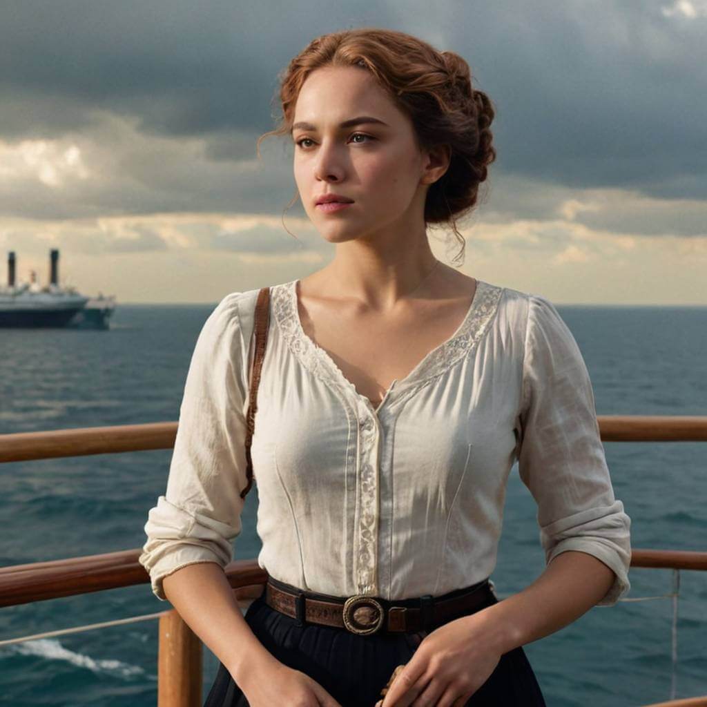 Una figura femenina con atuendo de principios del siglo XX, de pie en la cubierta de un barco con olas del océano.