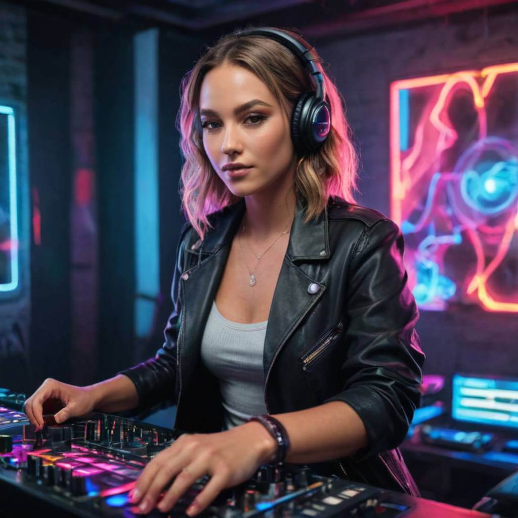 Una DJ pinchando canciones en una fiesta iluminada con neón.
