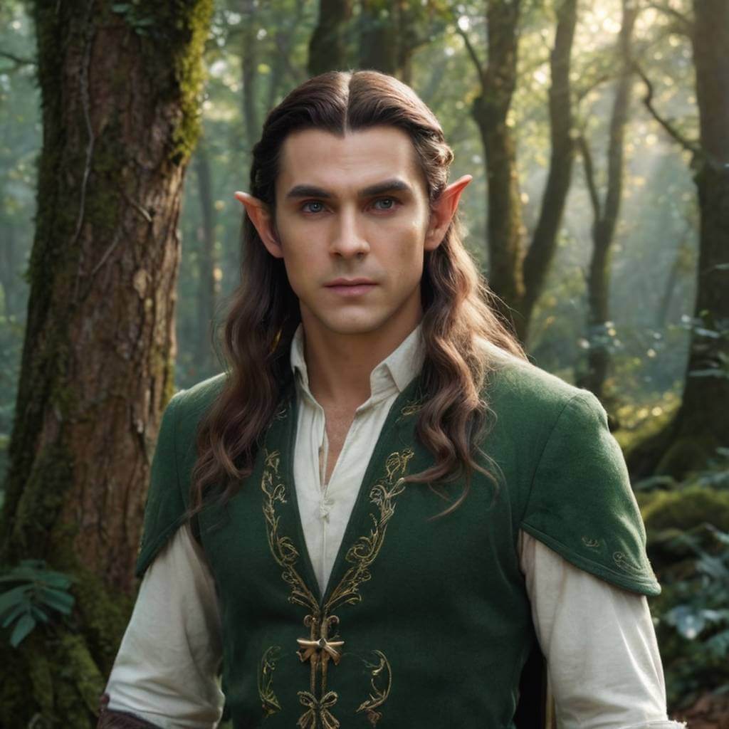 Un elfo masculino con cabello largo y un arco, de pie en un bosque encantado.