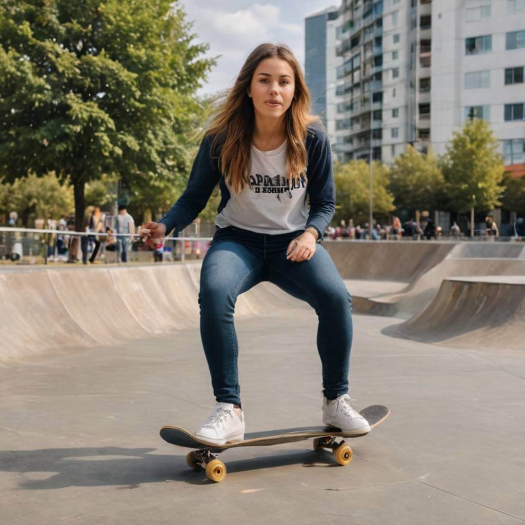 Una patinadora haciendo trucos en un parque de patinaje de la ciudad.
