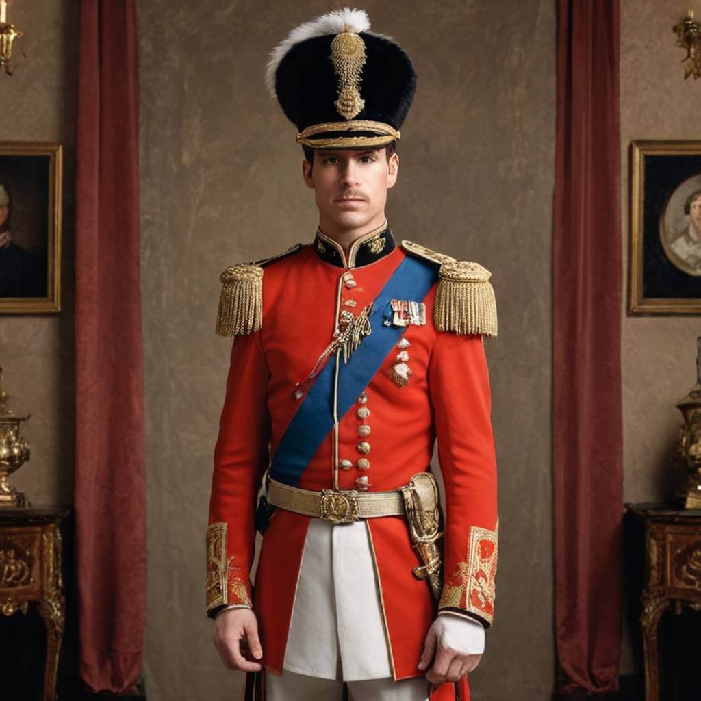 Un guardia real masculino con uniforme ceremonial, de pie y en posición de firmes.