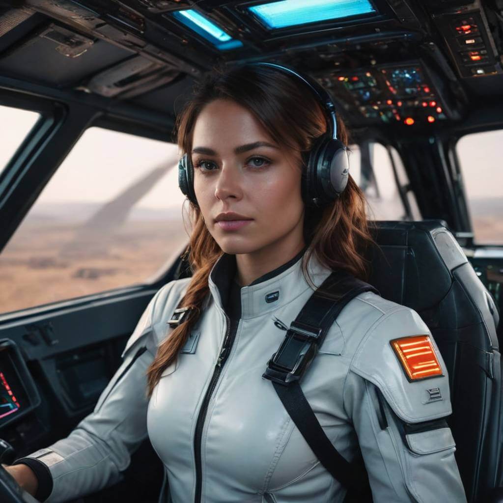 Una piloto femenina en una cabina futurista con controles brillantes.