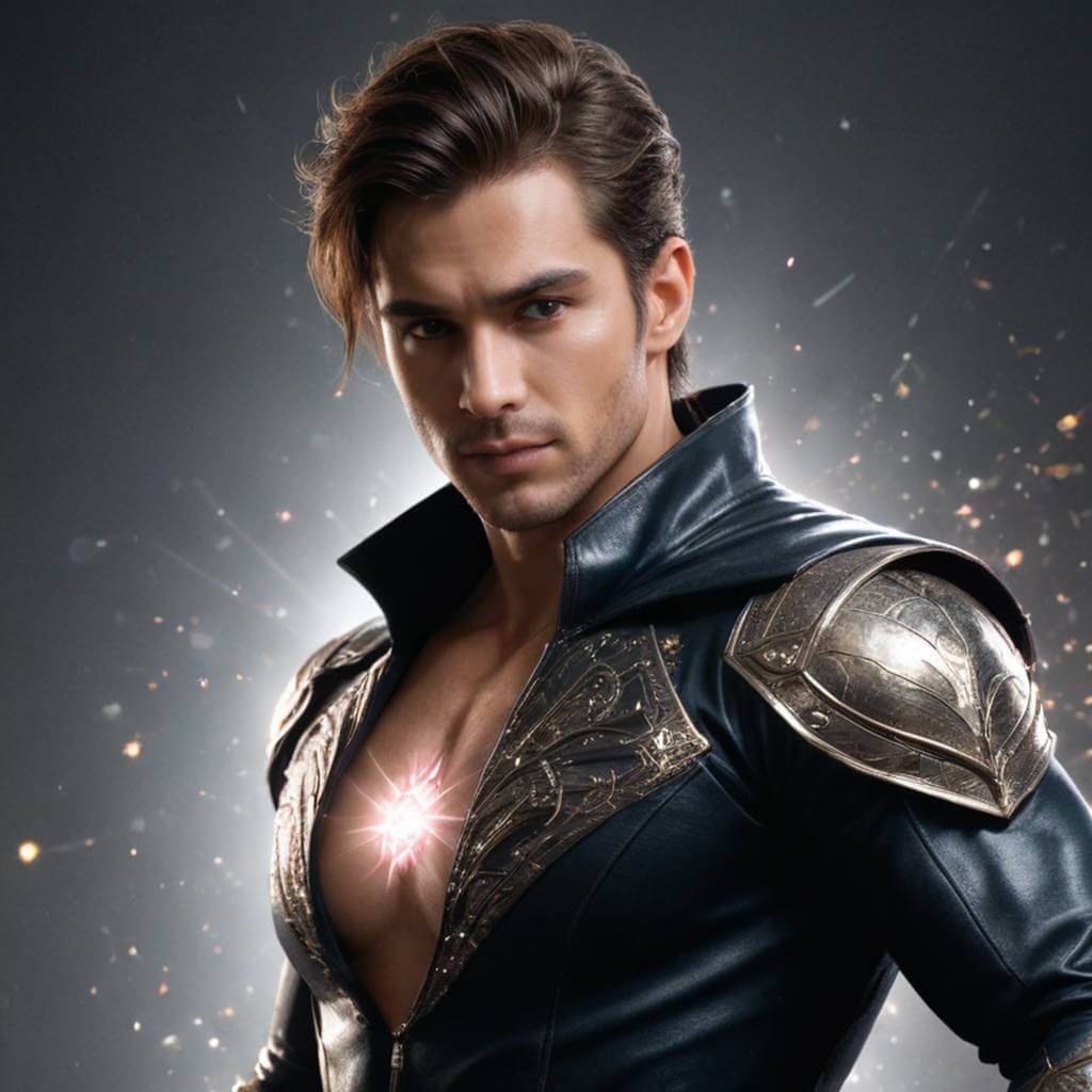 Un personaje mágico masculino con brillos y pose de transformación.