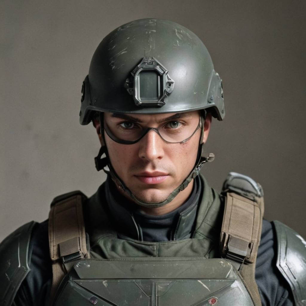 Un soldado con un uniforme estrellado, sosteniendo un escudo en un campo de batalla.