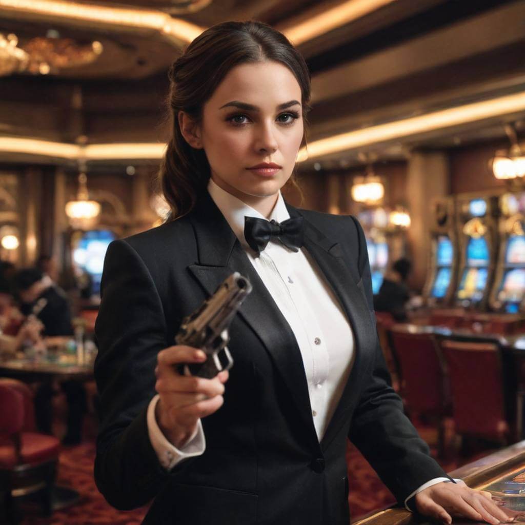 Una espía con esmoquin sosteniendo una pistola con silenciador en un casino de lujo.