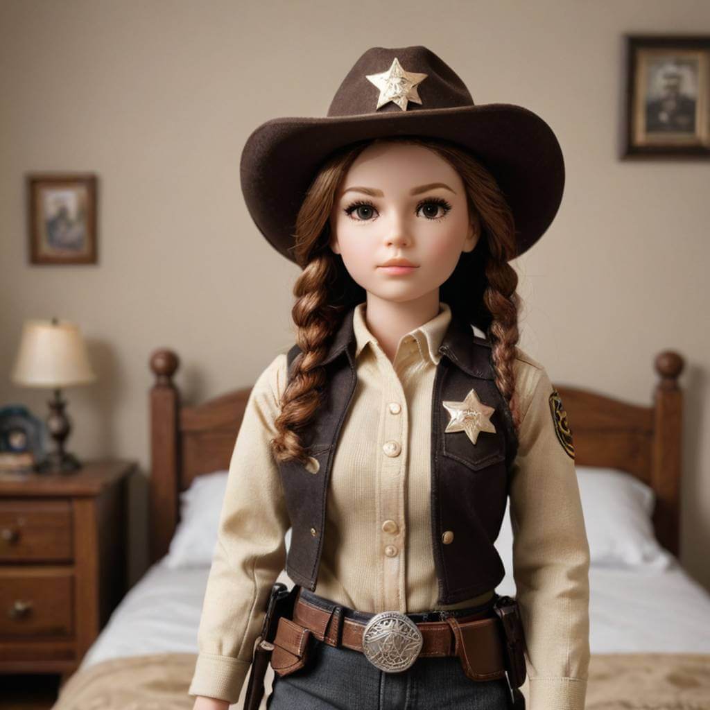 Una muñeca sheriff en un dormitorio infantil con temática del oeste.