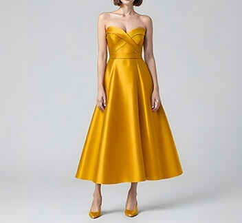 Glamorous strapless dress in shimmering gold for evening wear.