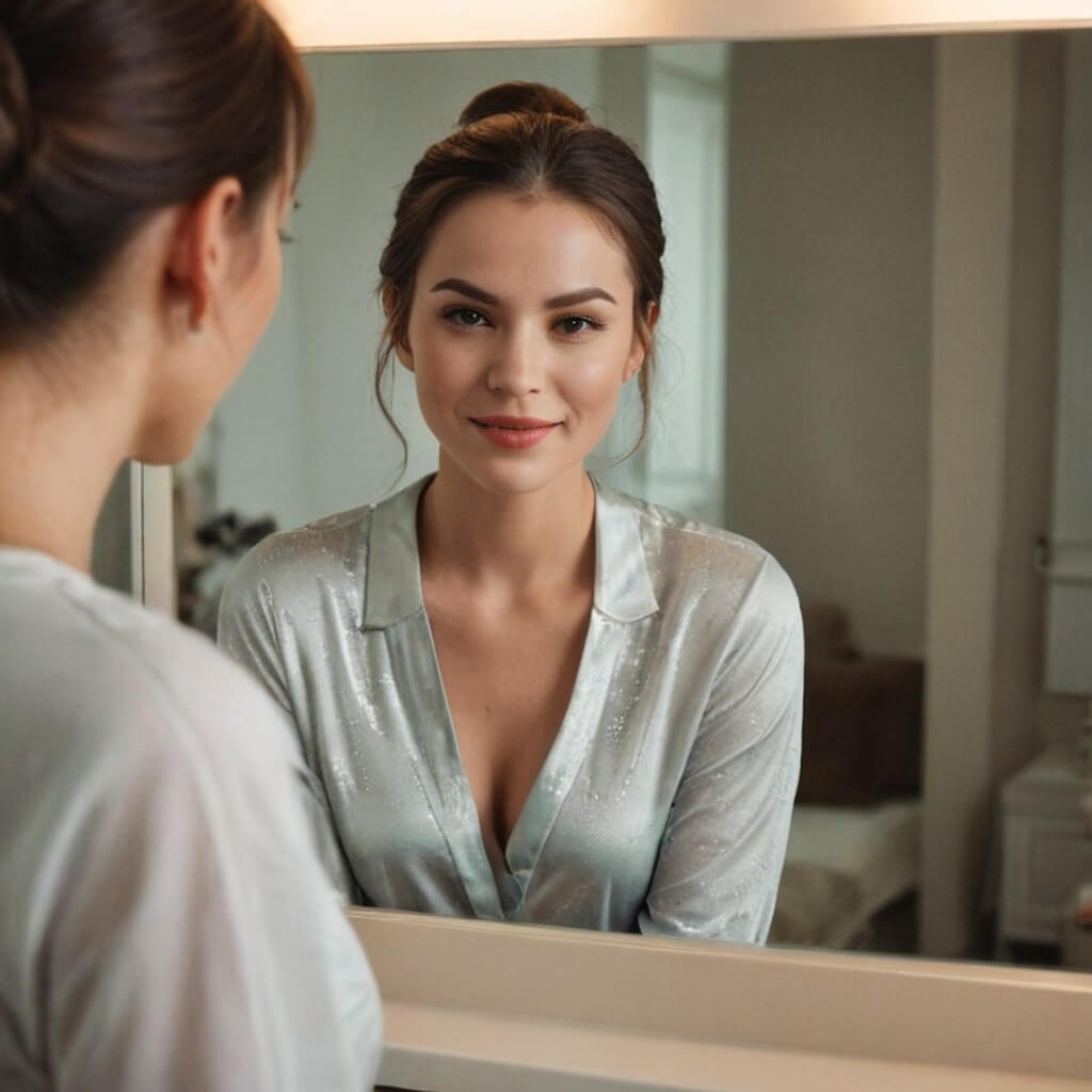 A confident woman standing in front of a mirror slowly winks at her reflection, subtle head tilt and soft lighting.