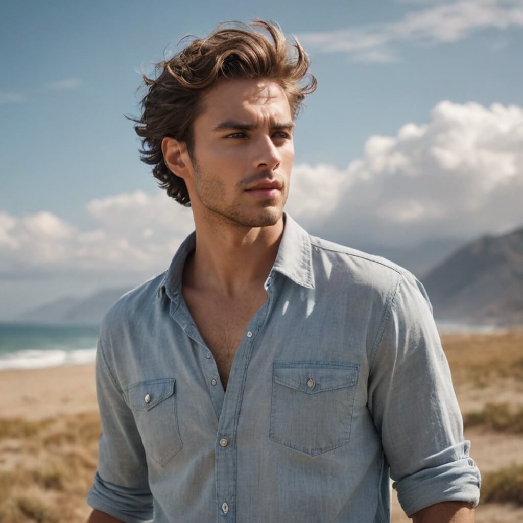 A male model stands still as wind blows through his hair and clothes, making eye contact with the camera.