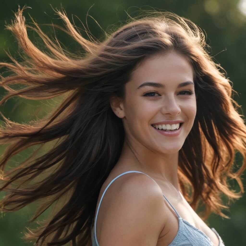 A young woman dramatically flips her long hair back in slow motion, her smile growing as she turns.