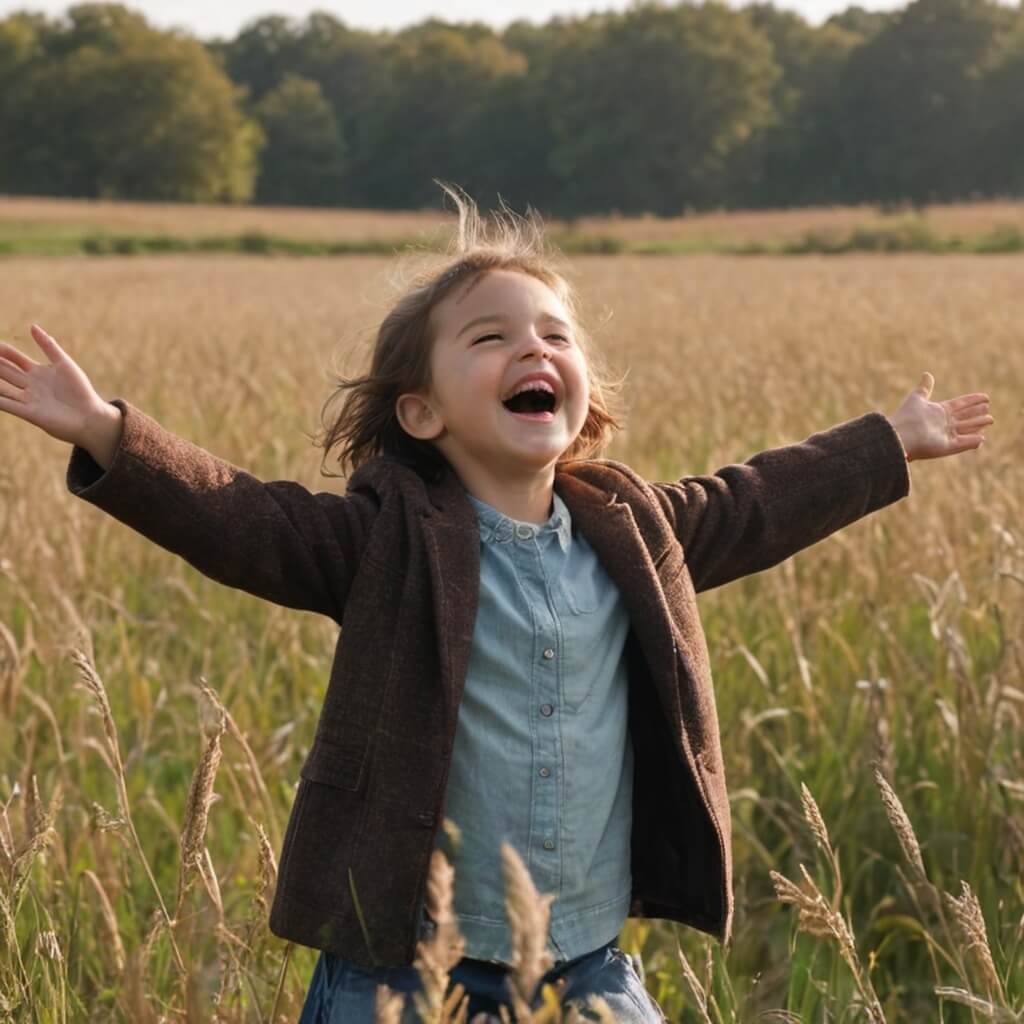 A child spins in a field with arms open wide, laughing as their coat flares outward.