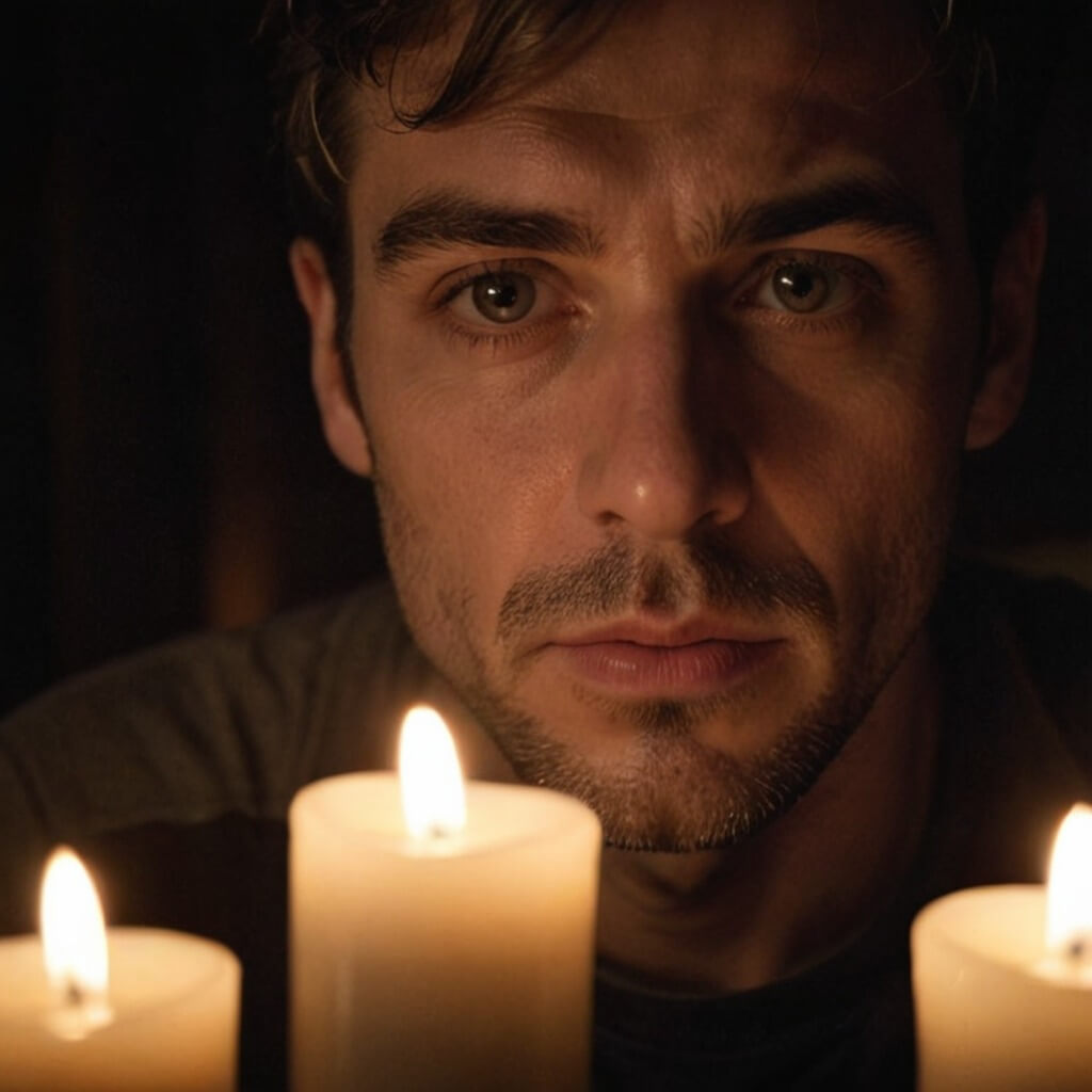 A man gazes at a flickering candlelight in a dark room, light reflecting in his eyes as he exhales slowly.