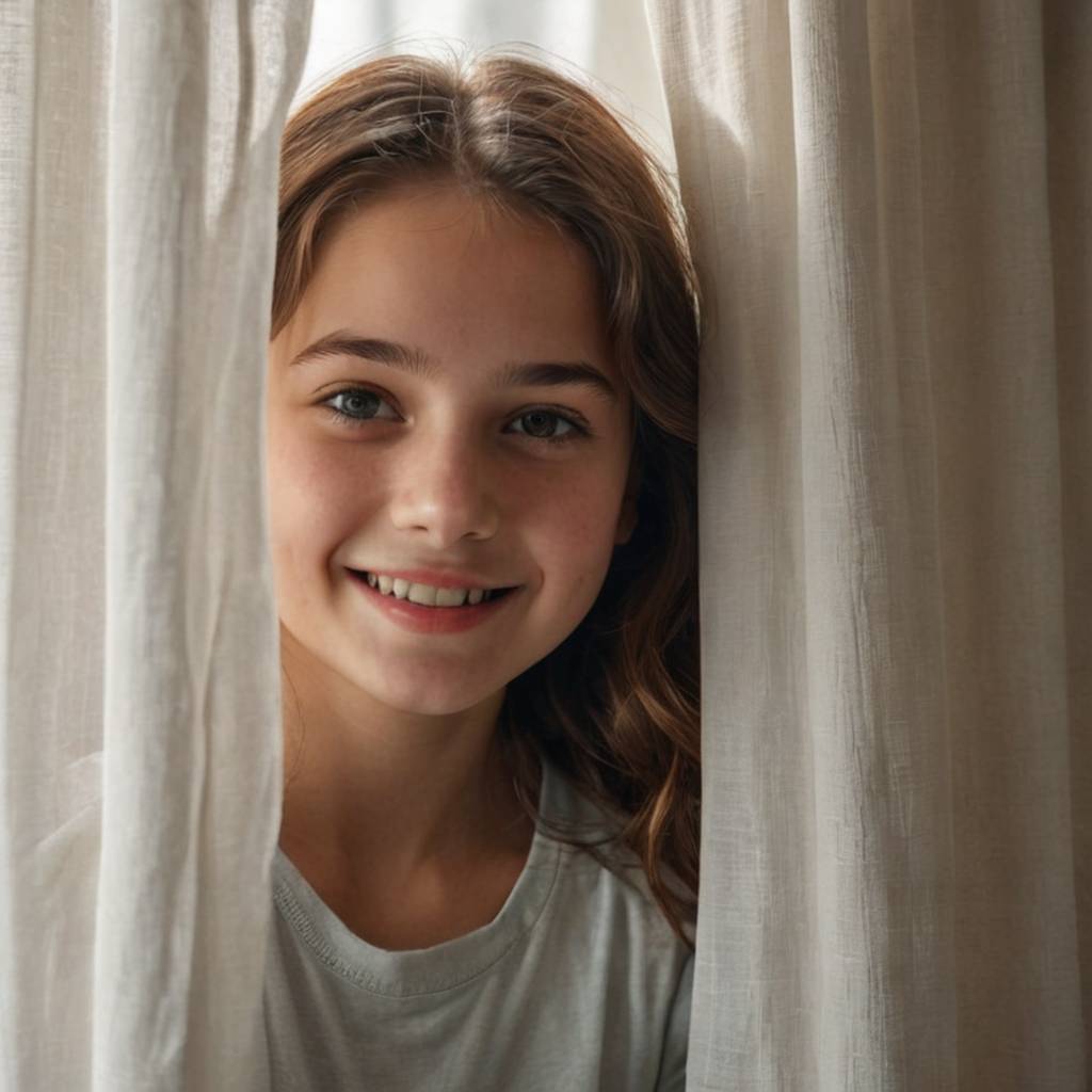 A girl gently peeks out from behind a flowing curtain, smiling mischievously and leaning into the light.
