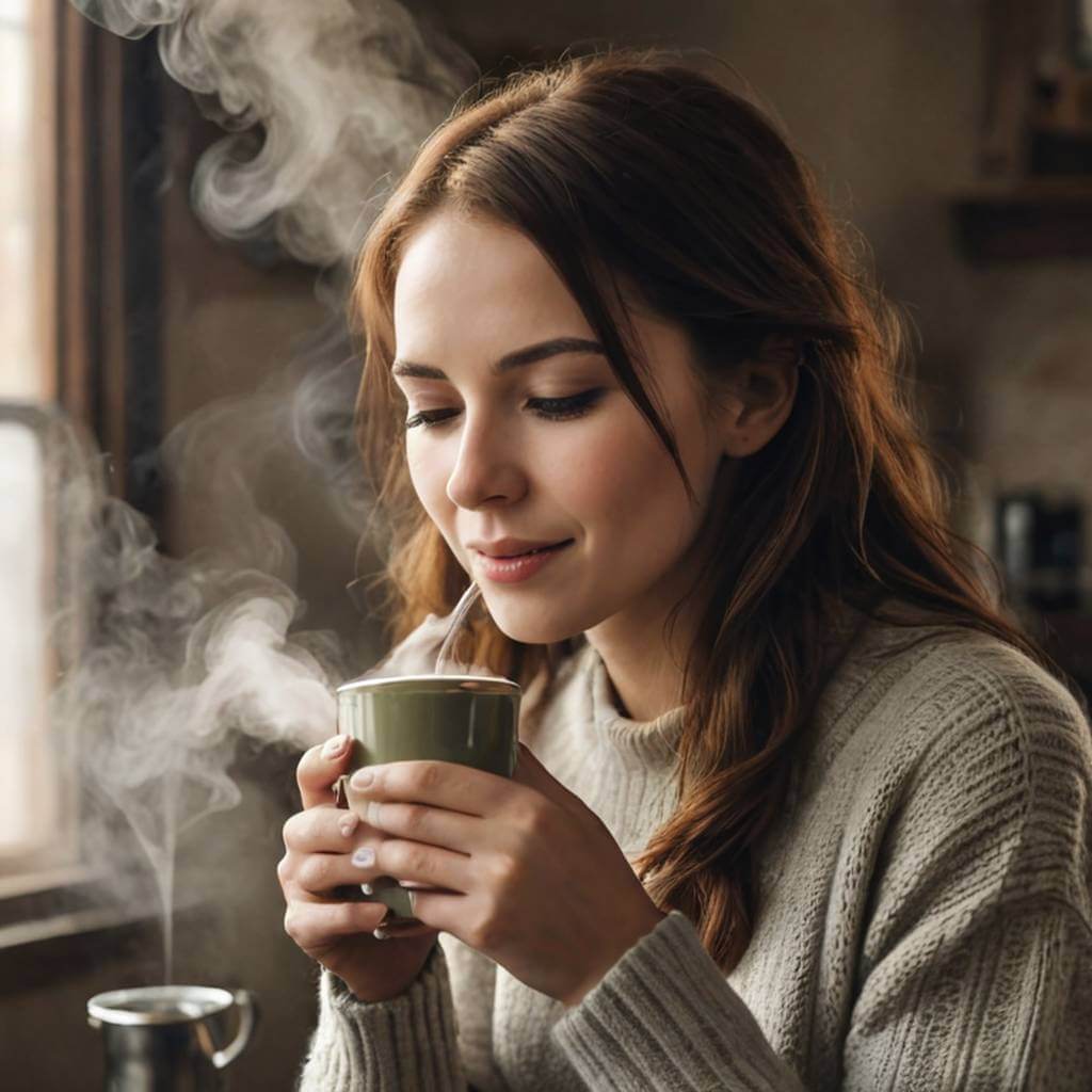 A woman takes a warm sip of coffee, then lets out a relaxed, happy sigh as steam swirls upward.