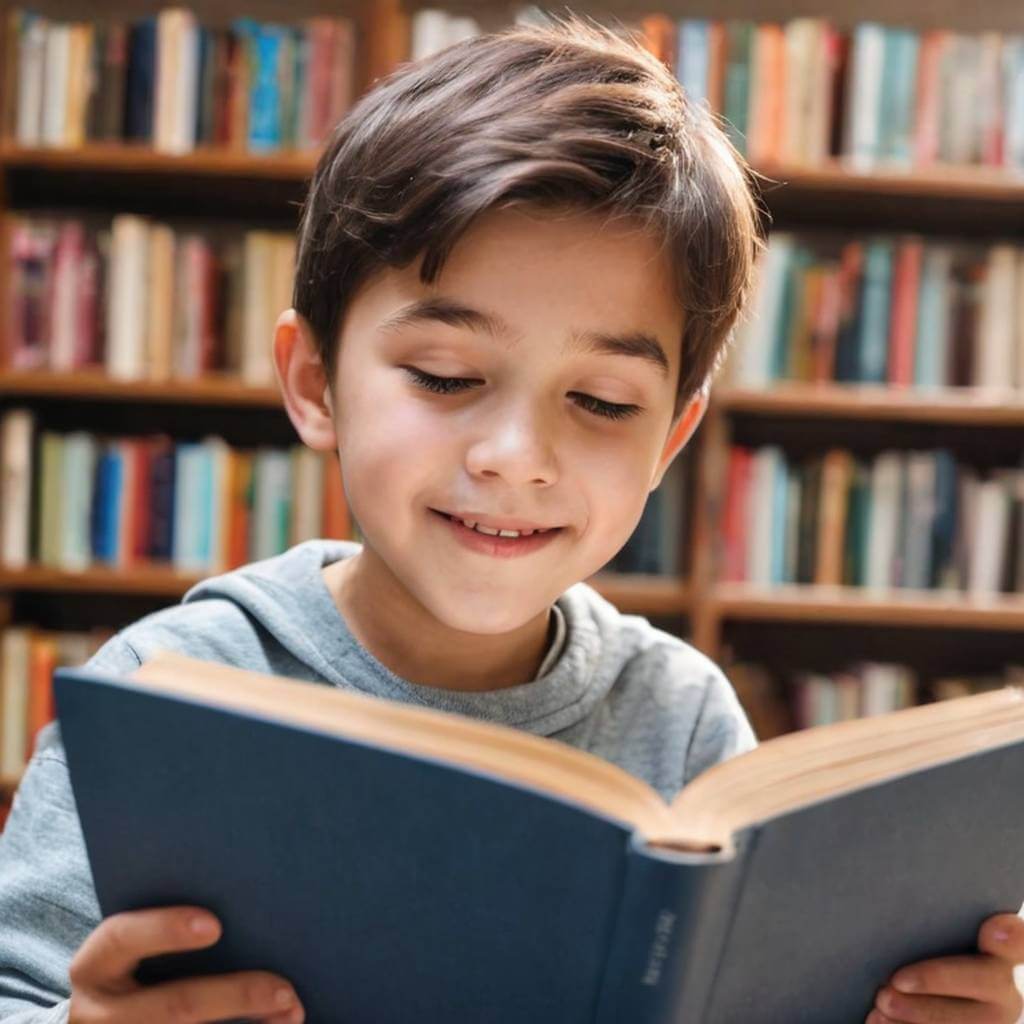 A boy reading a book looks up suddenly, blinking twice and smiling subtly as if discovering something.