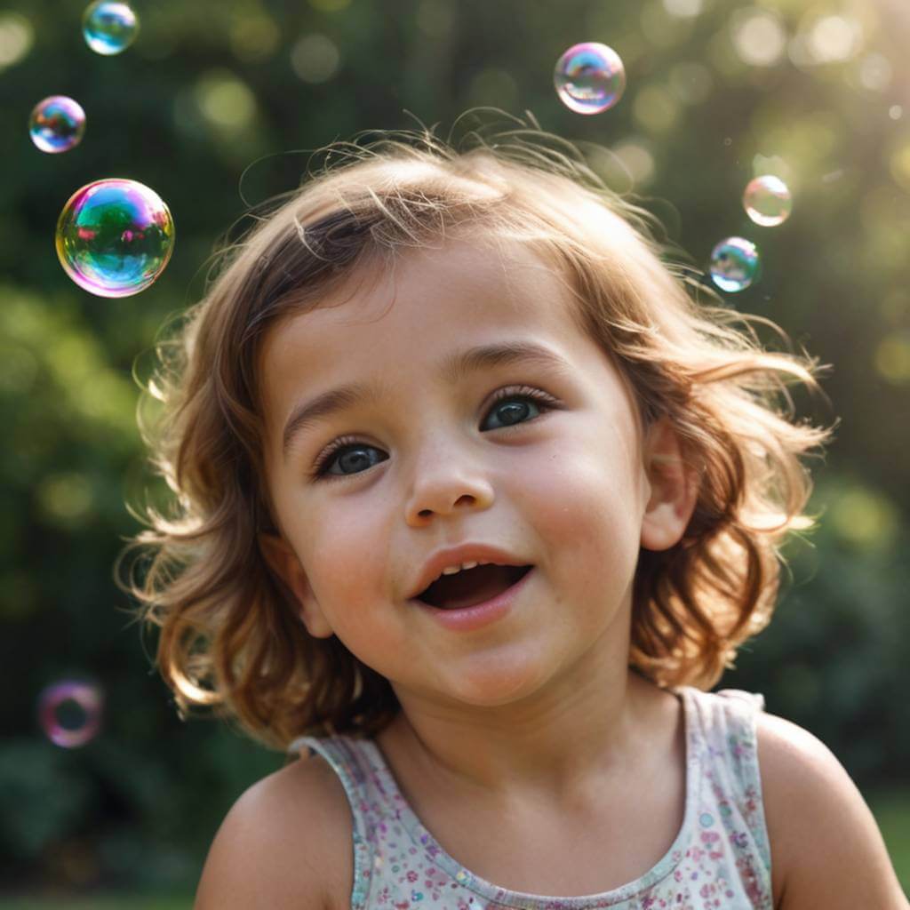 A child plays with soap bubbles, one floats up and pops on their nose, causing them to giggle.