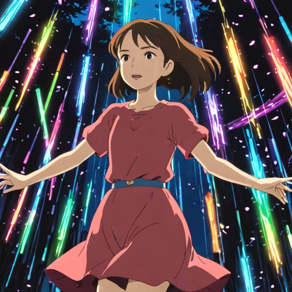 A woman dances slowly as shifting colored lights pass over her, illuminating her silhouette rhythmically.