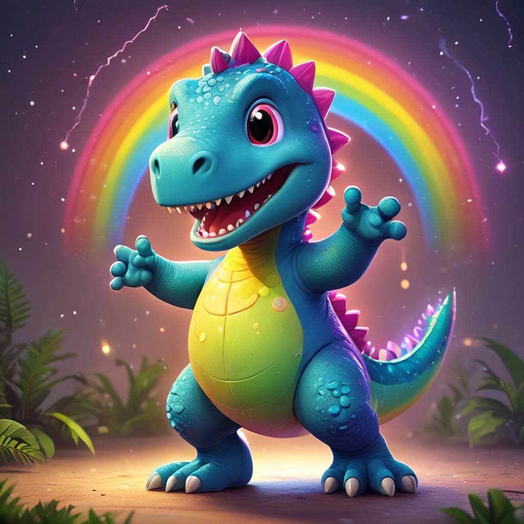 A cute cartoon dinosaur doing a clumsy happy dance under rainbow lights.