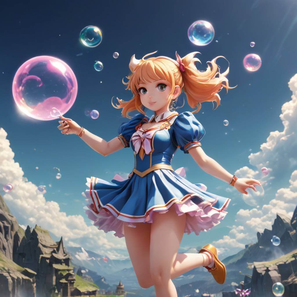 A magical girl floating while blowing glowing bubbles that form animals.
