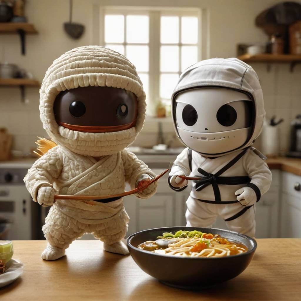 Two ramen bowl characters fencing with chopsticks in a kitchen dojo.