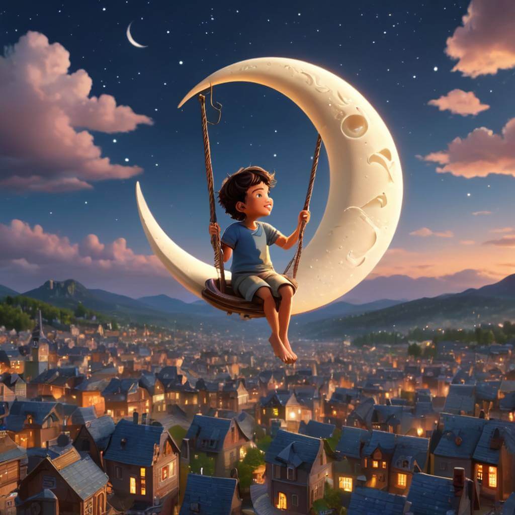A child swinging on the crescent moon above a sleepy cartoon town.