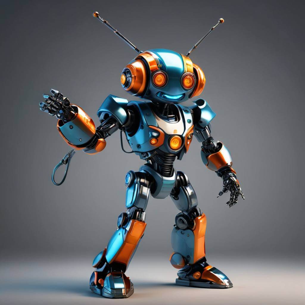 A funky dancing robot spinning, flashing lights, and wiggling antennas.