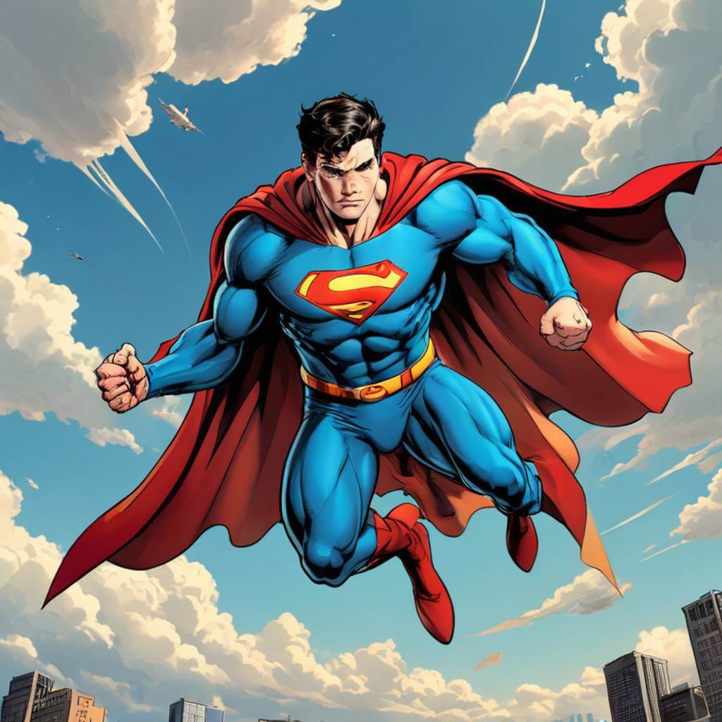 A caped hero flying through the sky in comic-book motion lines and panels.