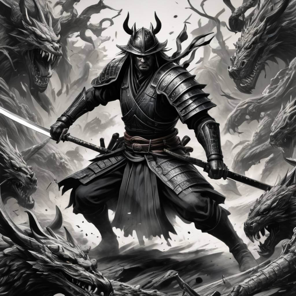 A samurai slicing through giant ink monsters in manga speedlines.