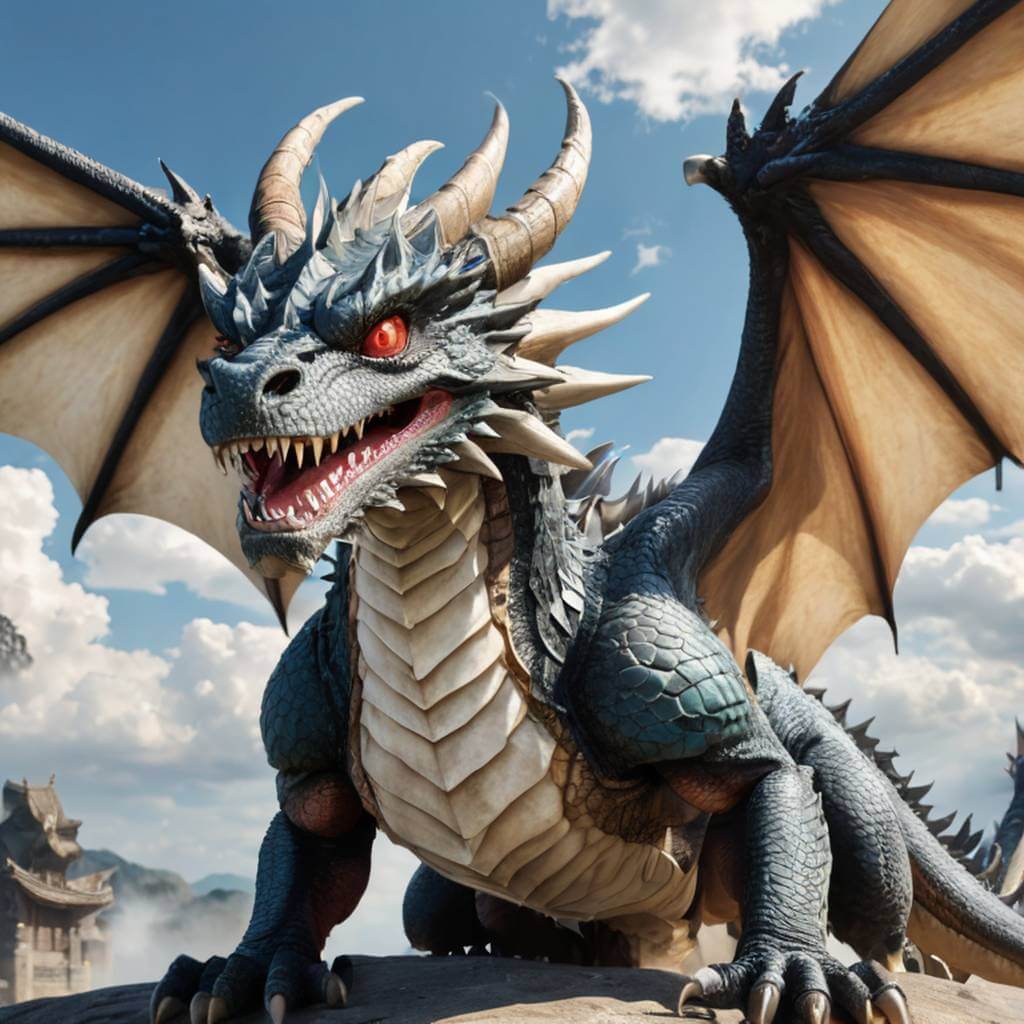 A manga dragon opens its eye, flaps wings, and roars into the sky.